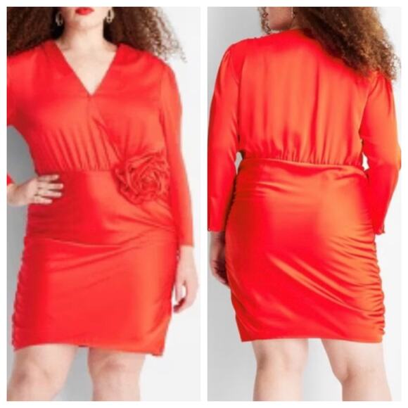 Future Collective Rosette red Mini Satin Dress Size 17 Cocktail Holiday - Picture 1 of 9
